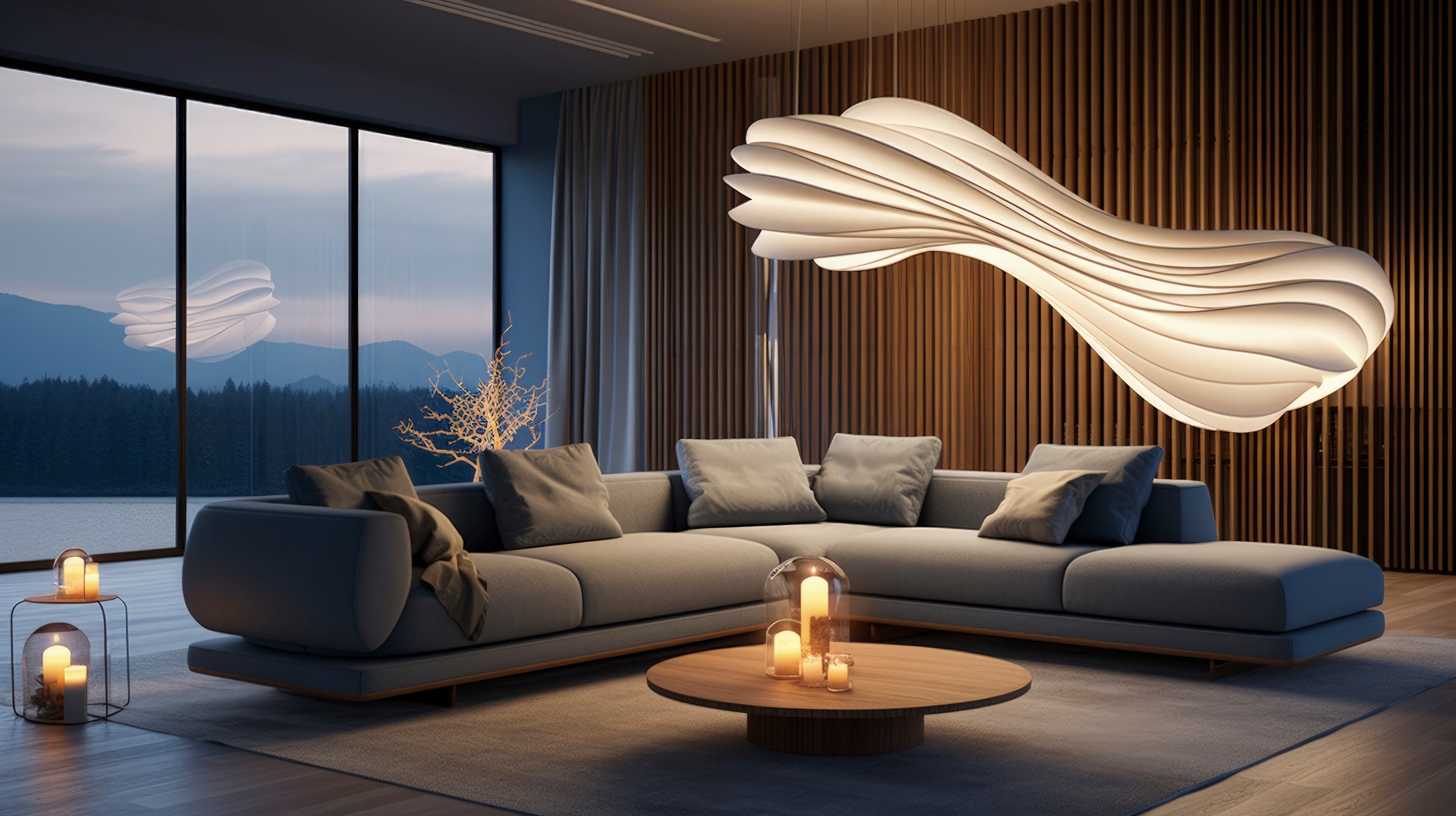 Modern living room with a sculptural pendant light overlooking a lake at dusk